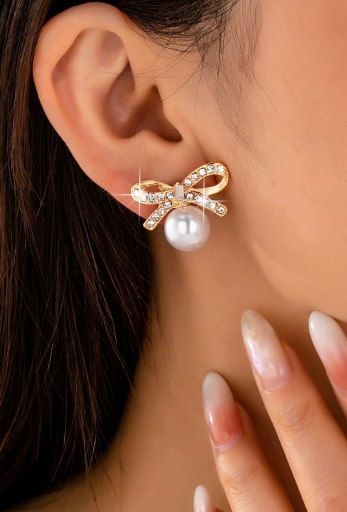 Pearl and Crystal Bow Stud Earrings