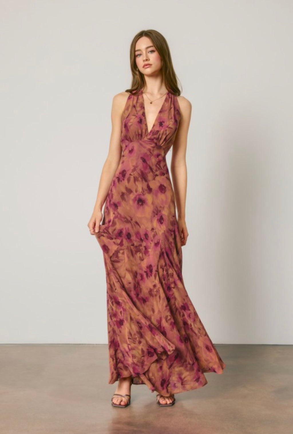 Floral Chiffon Halter Godet Maxi Dress