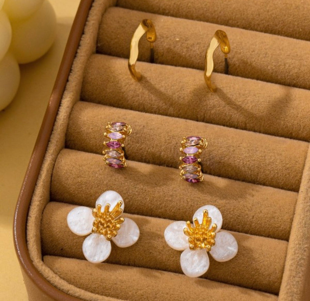 Resin Flower Crystal Gold Hoop Trio Earring Set