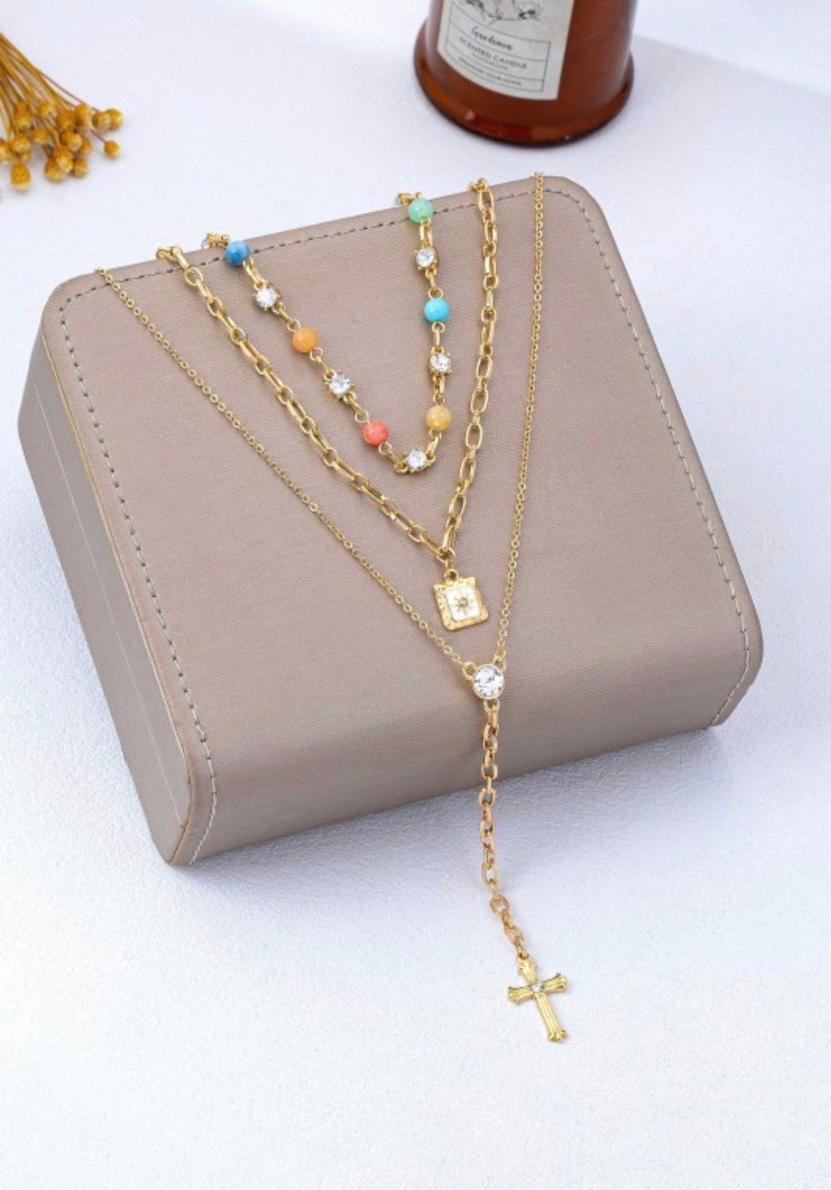 Multi-Strand Color Bead & Cross Lariat Necklace