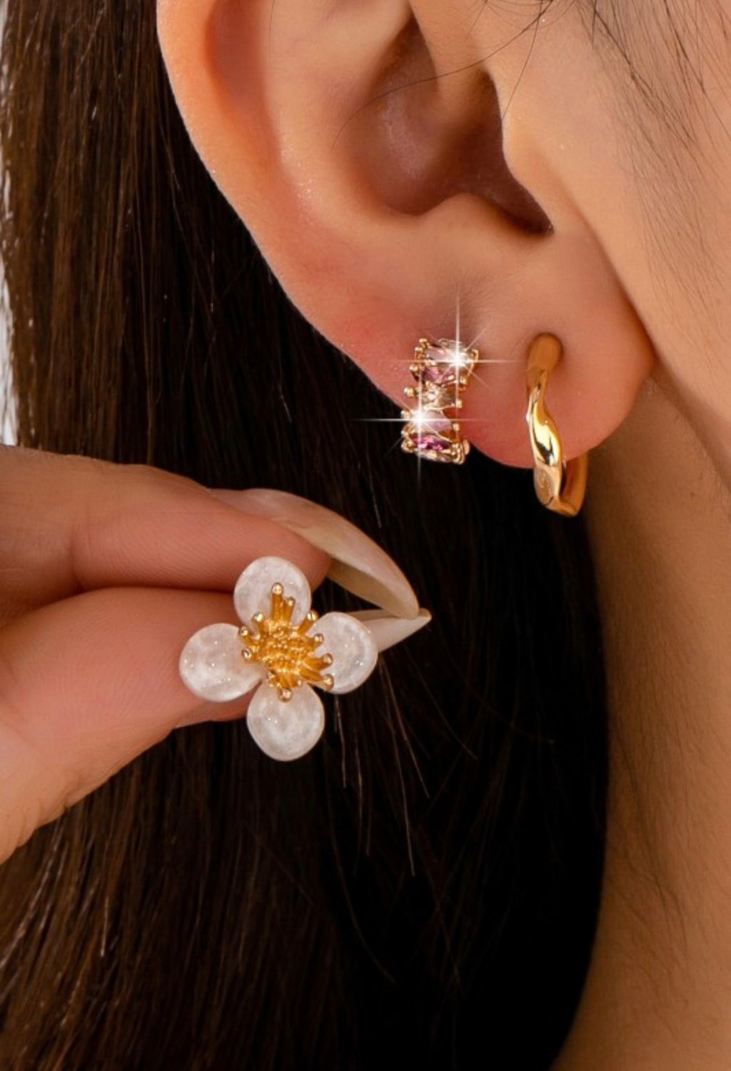 Resin Flower Crystal Gold Hoop Trio Earring Set