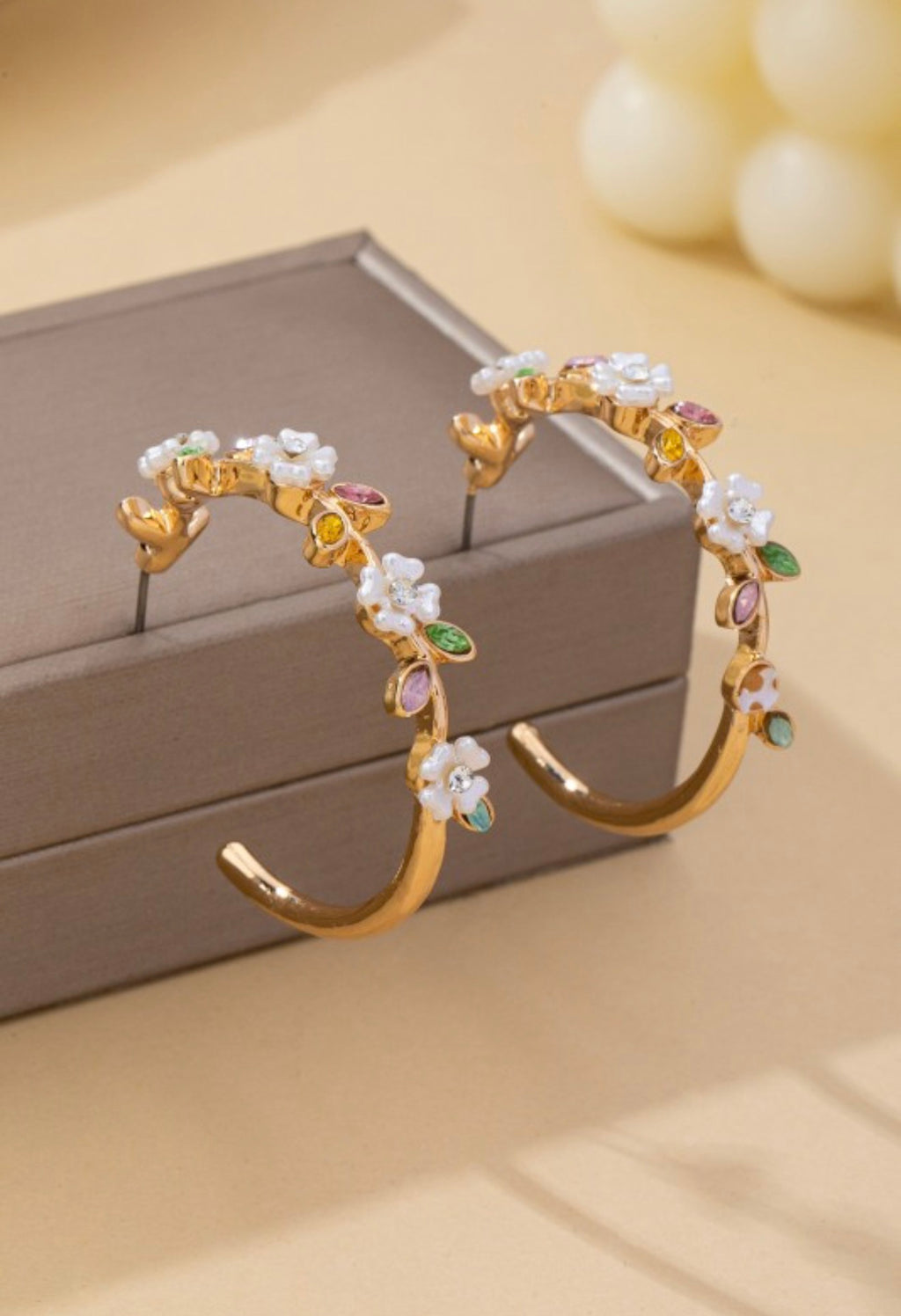 Botanical White Enamel Flowers Hoop Earrings