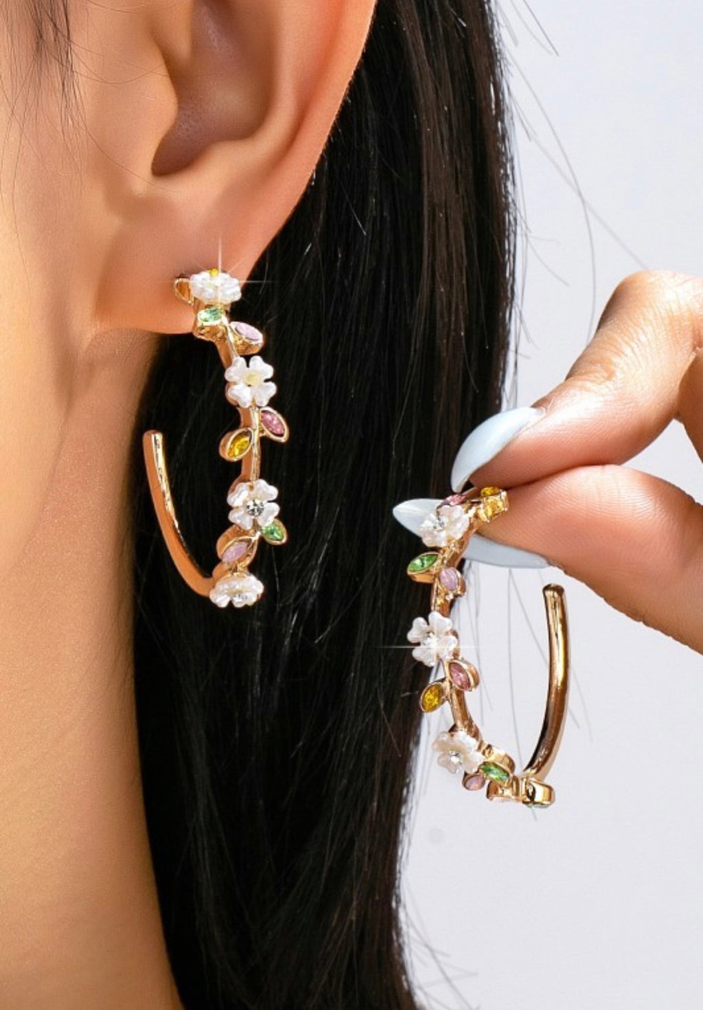 Botanical White Enamel Flowers Hoop Earrings