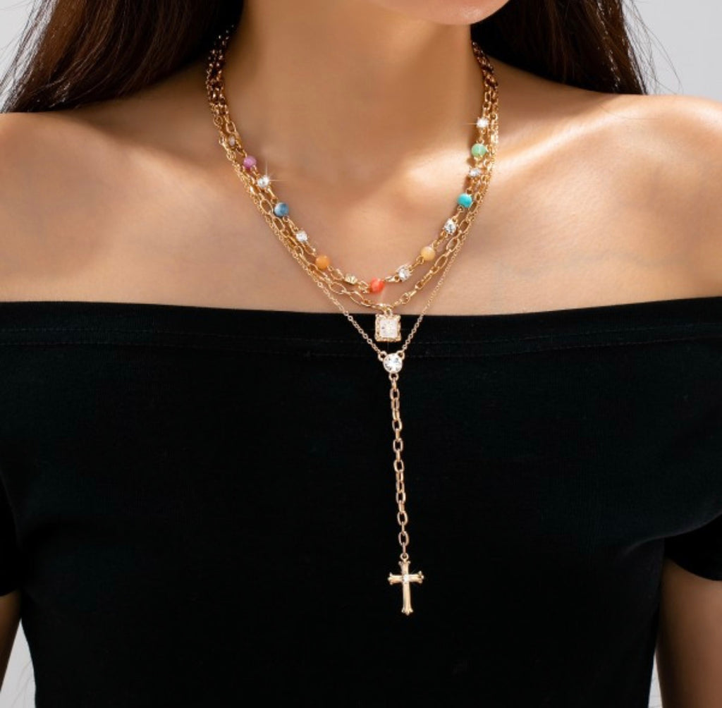 Multi-Strand Color Bead & Cross Lariat Necklace