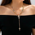 Multi-Strand Color Bead & Cross Lariat Necklace
