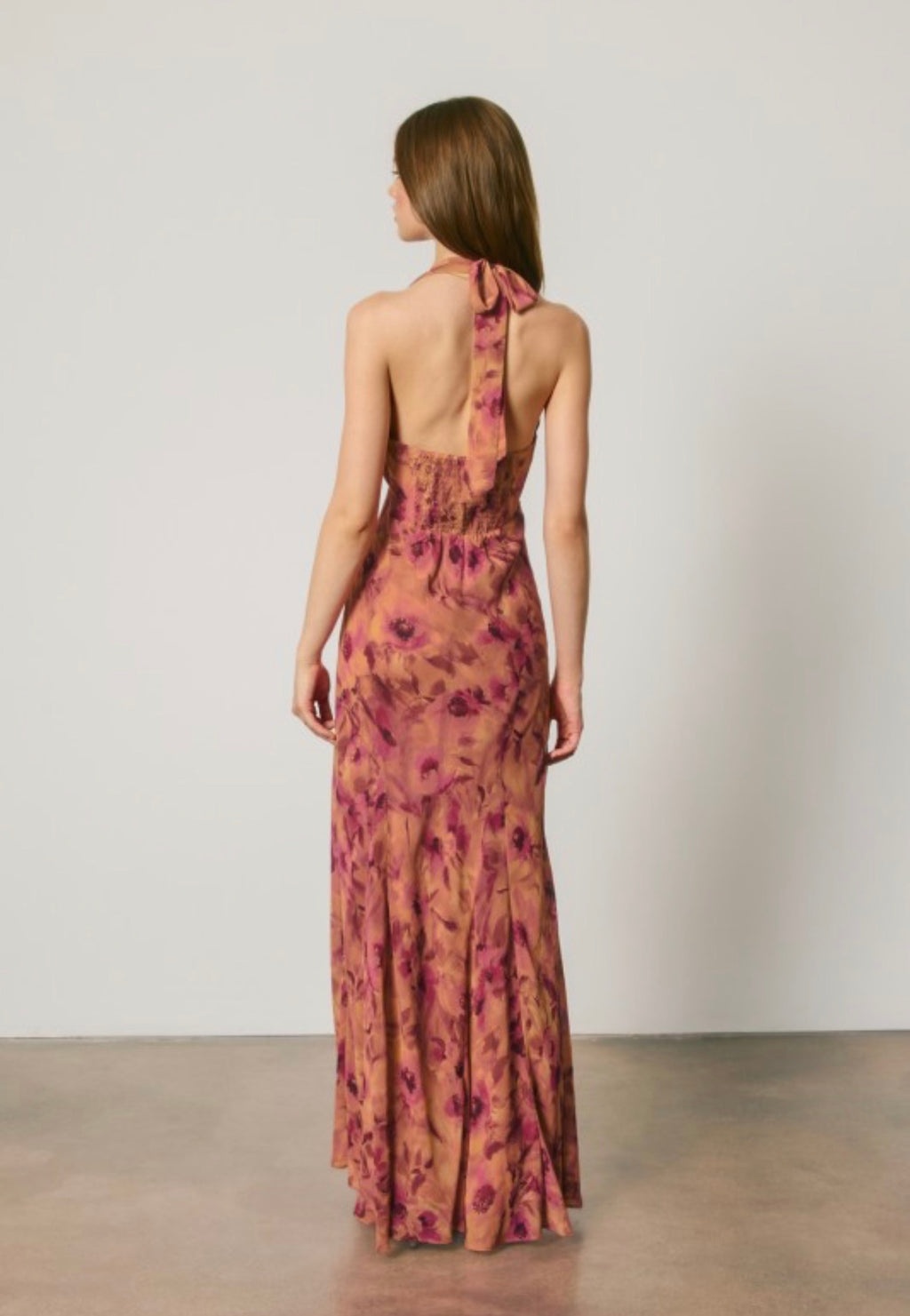 Floral Chiffon Halter Godet Maxi Dress