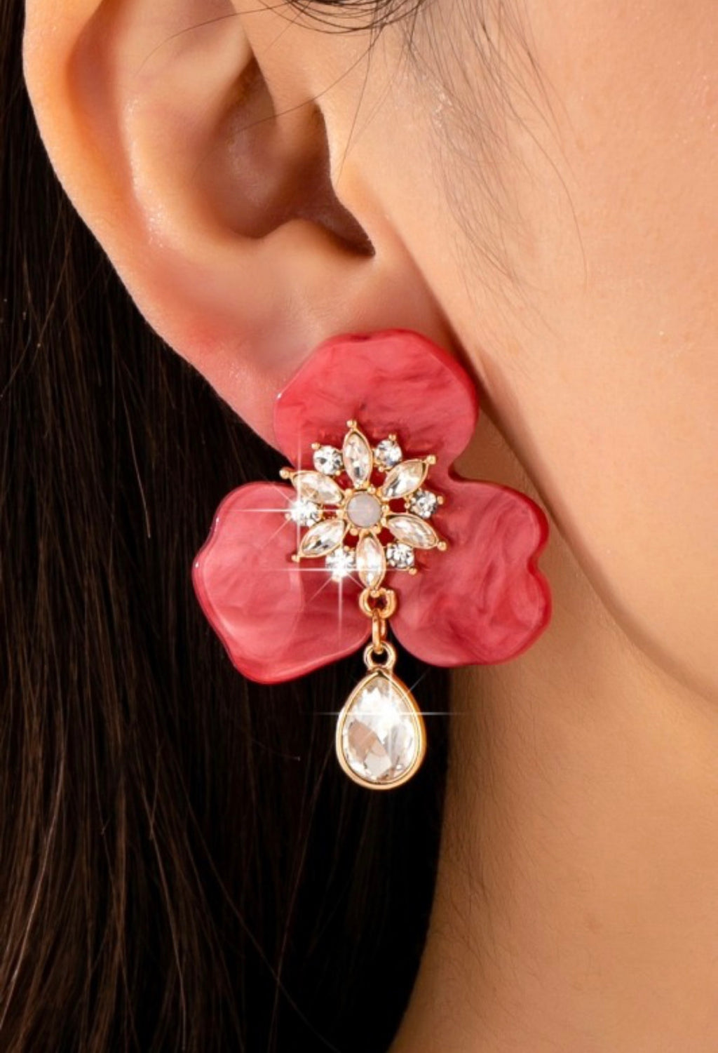 Marbled Resin Floral Rhinestone Drop Earrings