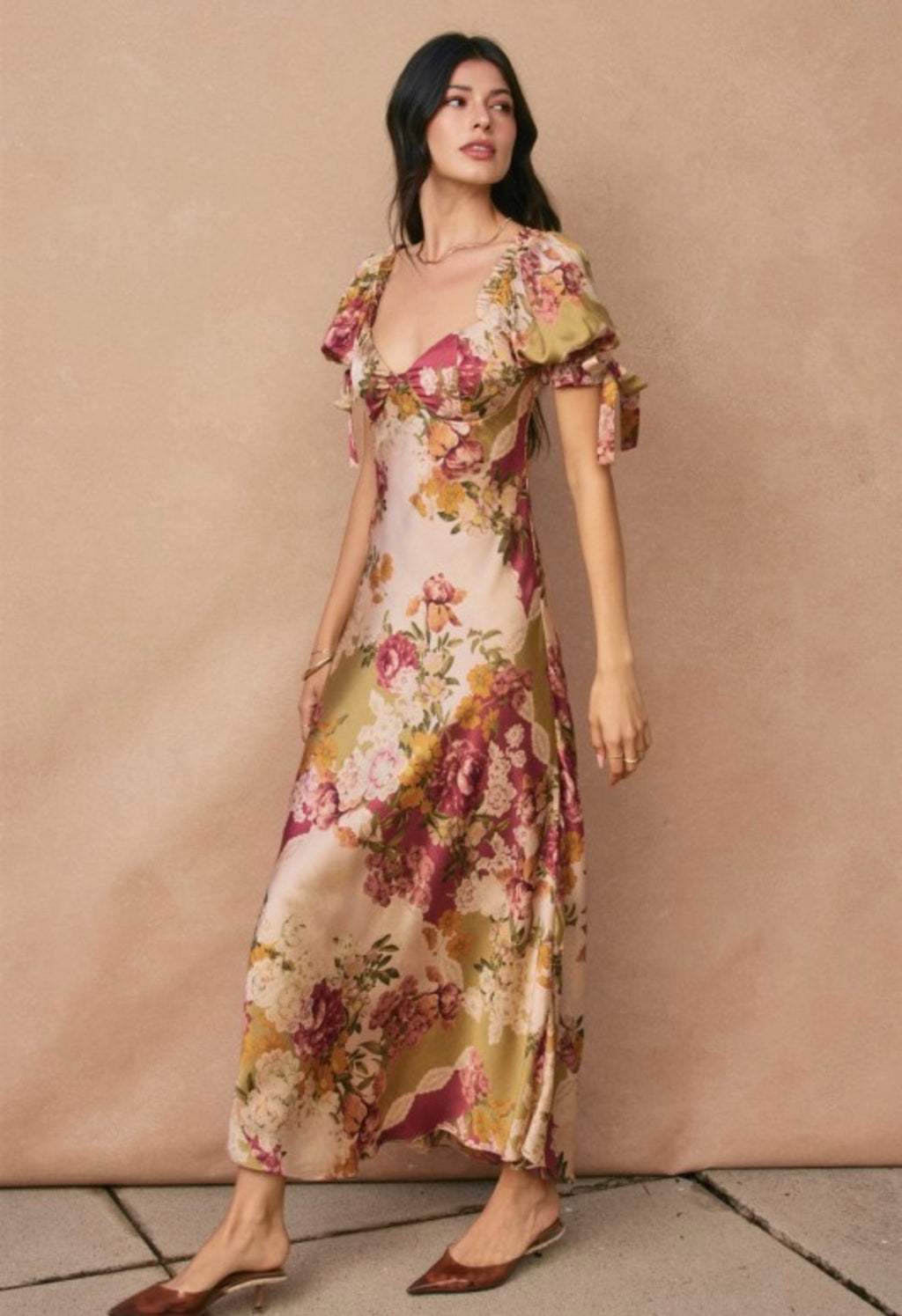Patchwork Floral Bow Tie Puff Sleeve Dress