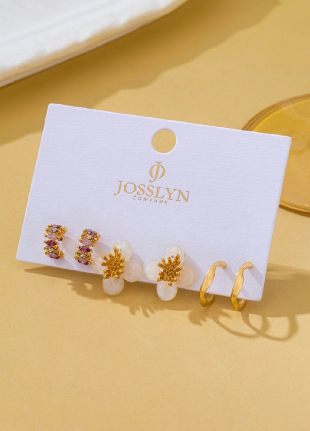 Resin Flower Crystal Gold Hoop Trio Earring Set