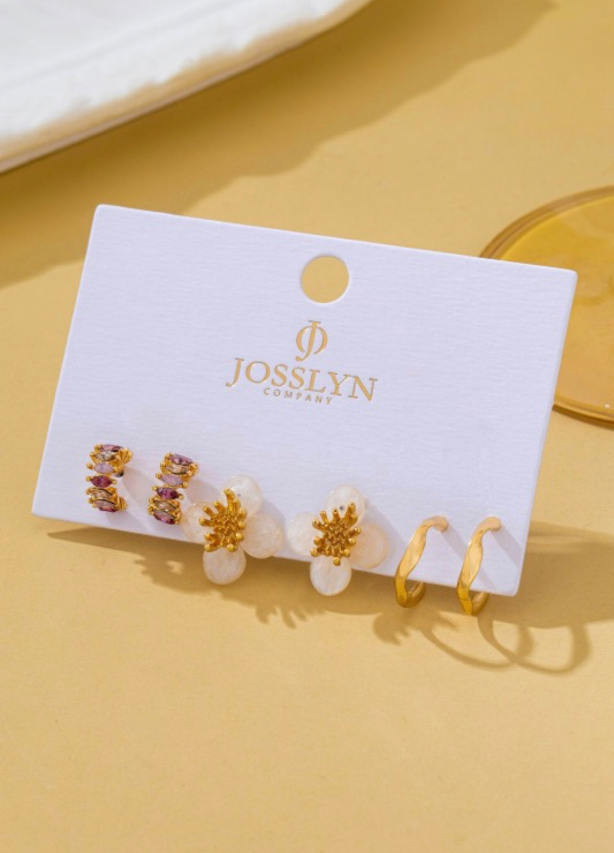 Resin Flower Crystal Gold Hoop Trio Earring Set