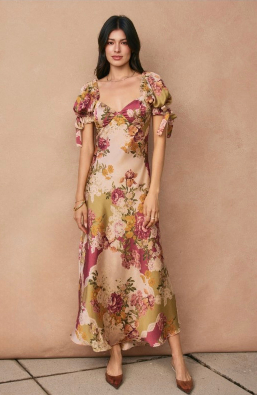 Patchwork Floral Bow Tie Puff Sleeve Dress