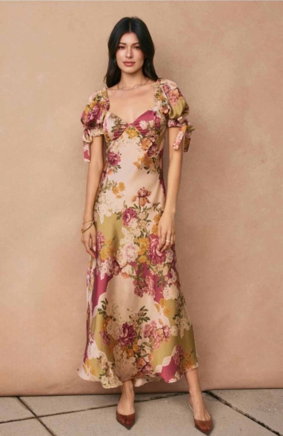 Patchwork Floral Bow Tie Puff Sleeve Dress