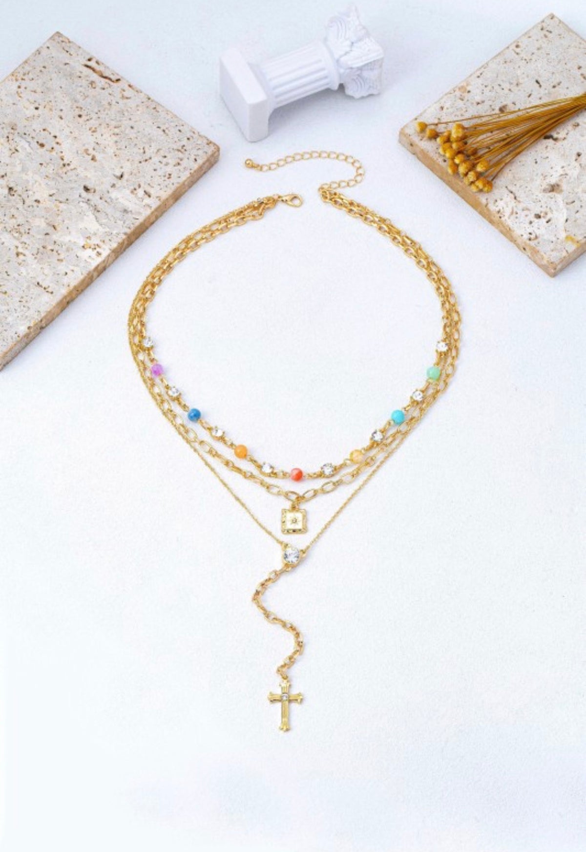 Multi-Strand Color Bead & Cross Lariat Necklace
