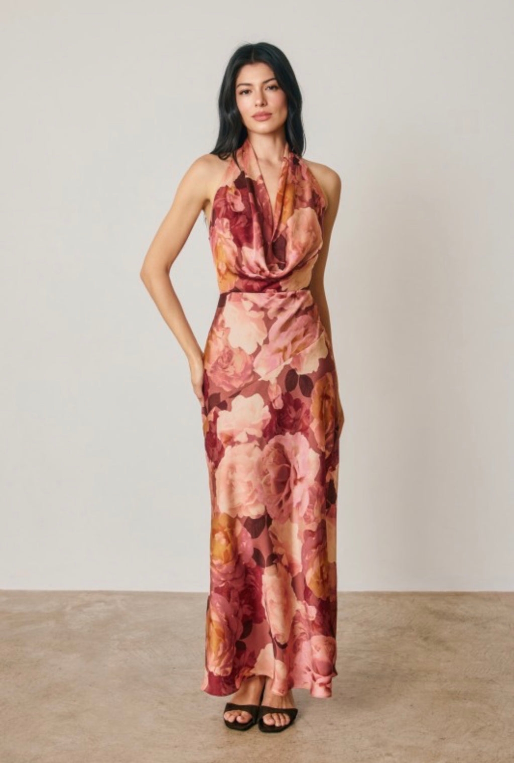 Floral Draped Halter Neck Maxi Dress