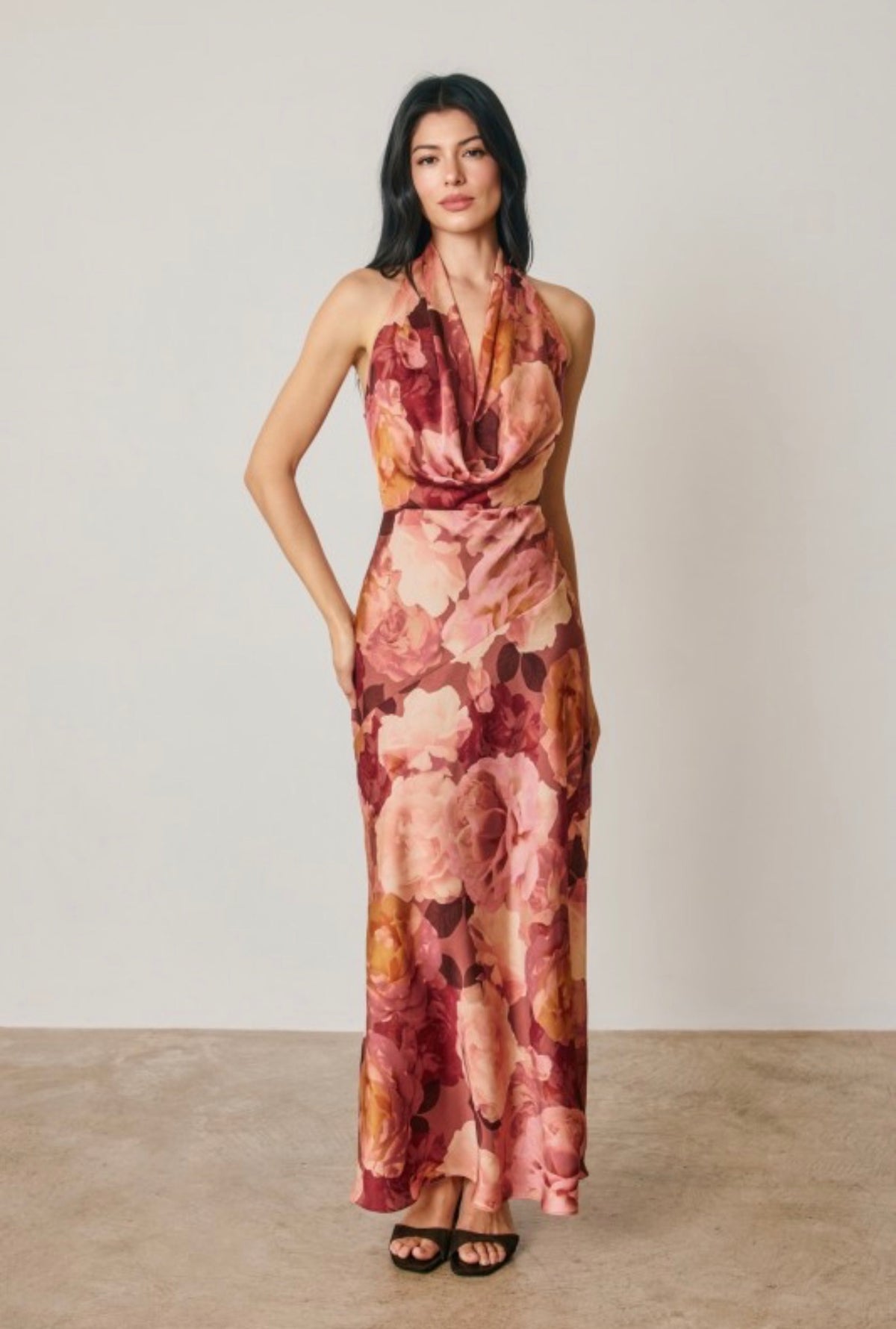 Floral Draped Halter Neck Maxi Dress
