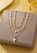 Multi-Strand Pearl & Crystal Cross Necklace