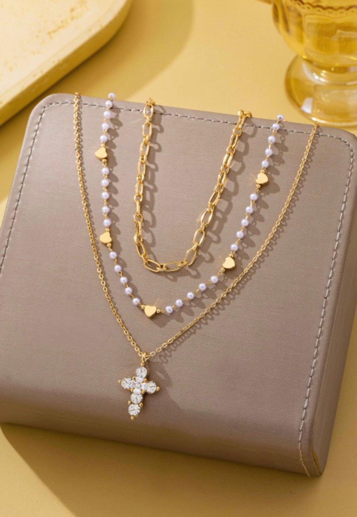 Multi-Strand Pearl & Crystal Cross Necklace