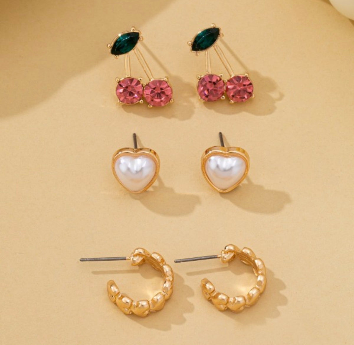 Trio Heart, Huggie, & Cherry Earring Set