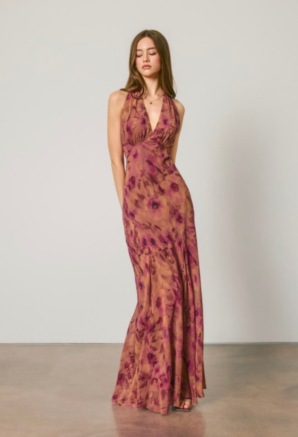 Floral Chiffon Halter Godet Maxi Dress