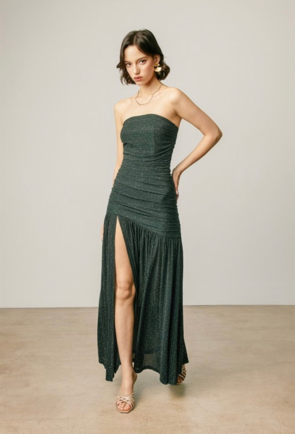 Sparkle Mesh Strapless Ruched Maxi Dress