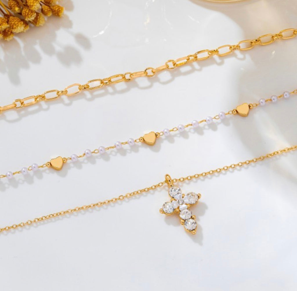 Multi-Strand Pearl & Crystal Cross Necklace