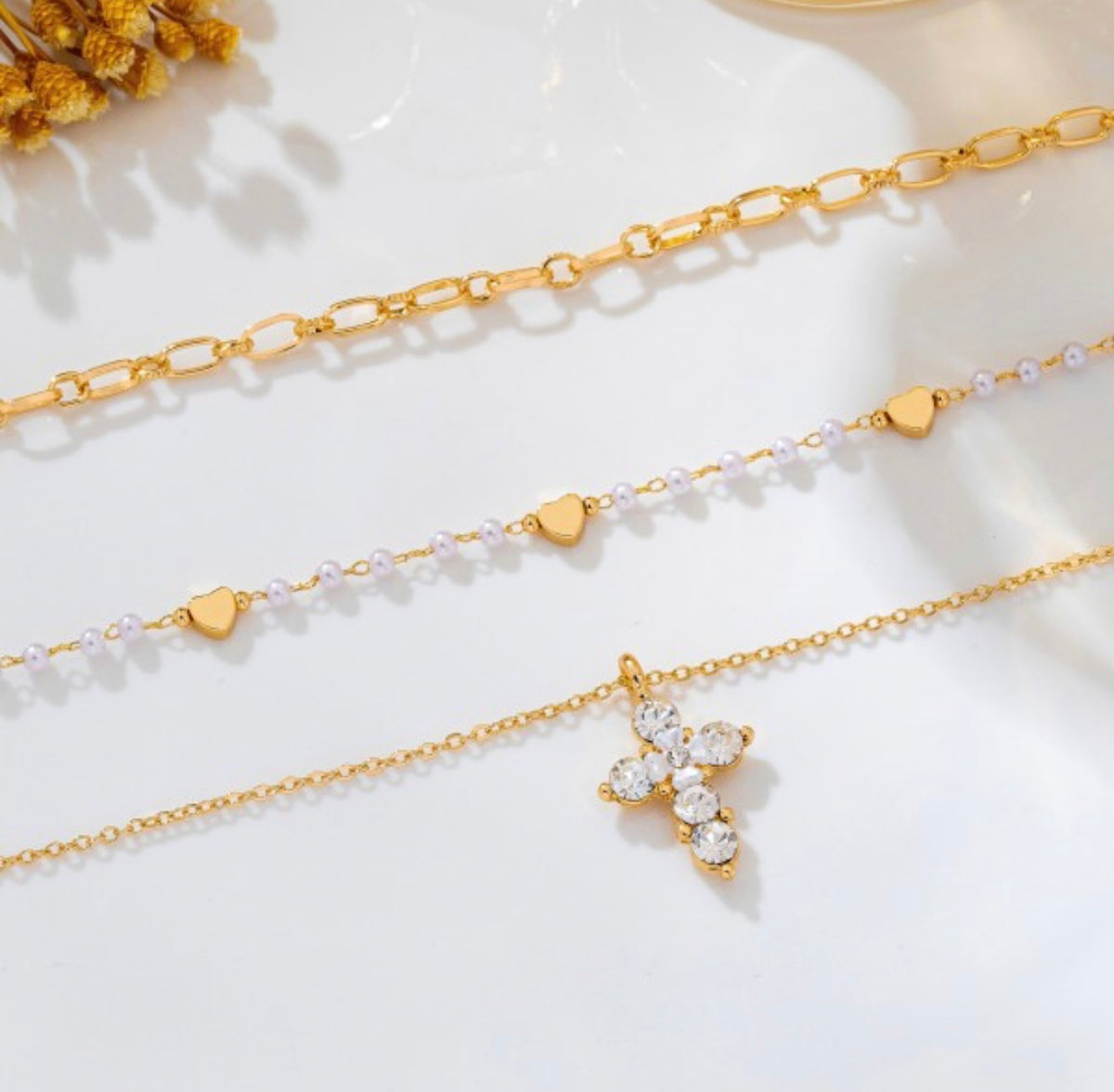 Multi-Strand Pearl & Crystal Cross Necklace