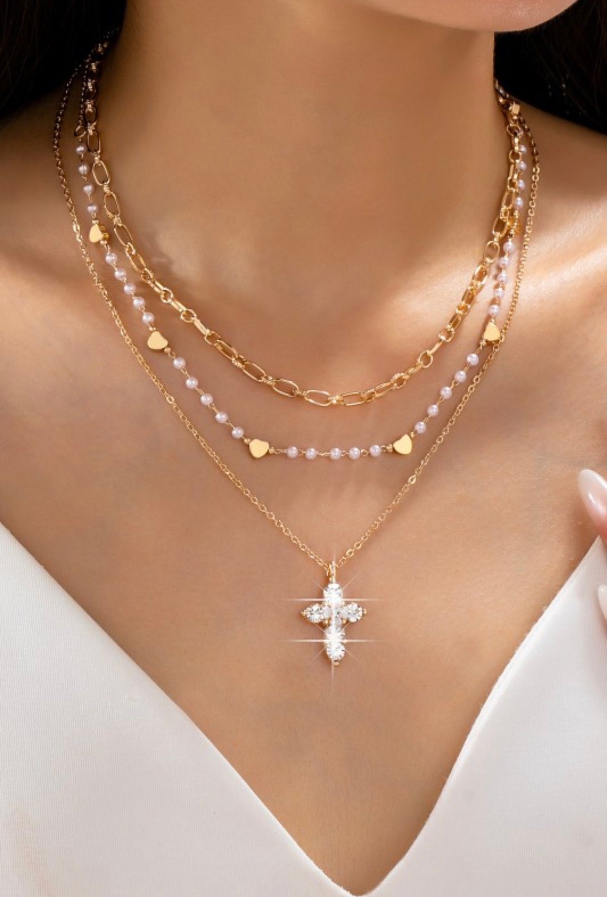 Multi-Strand Pearl & Crystal Cross Necklace