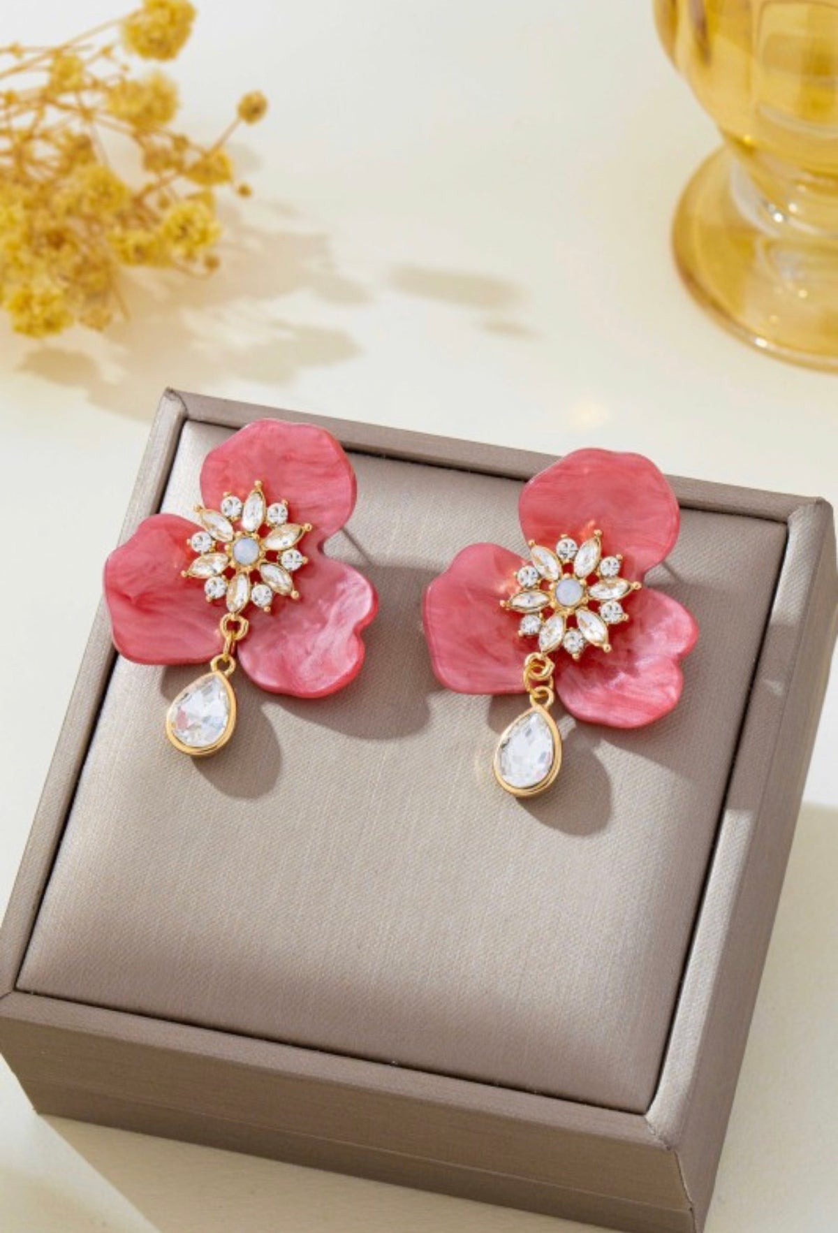 Marbled Resin Floral Rhinestone Drop Earrings