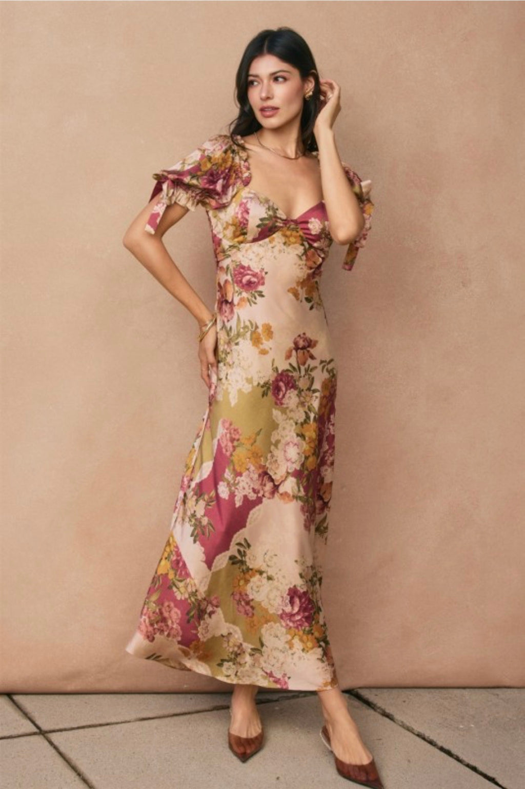 Patchwork Floral Bow Tie Puff Sleeve Dress