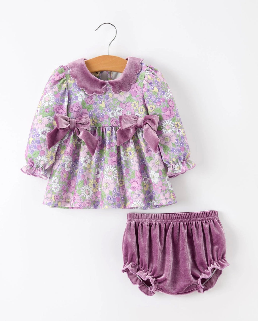 Purple Floral Velvet Baby Girl Outfit Set Ruffle Bow Bloomers