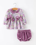 Purple Floral Velvet Baby Girl Outfit Set Ruffle Bow Bloomers