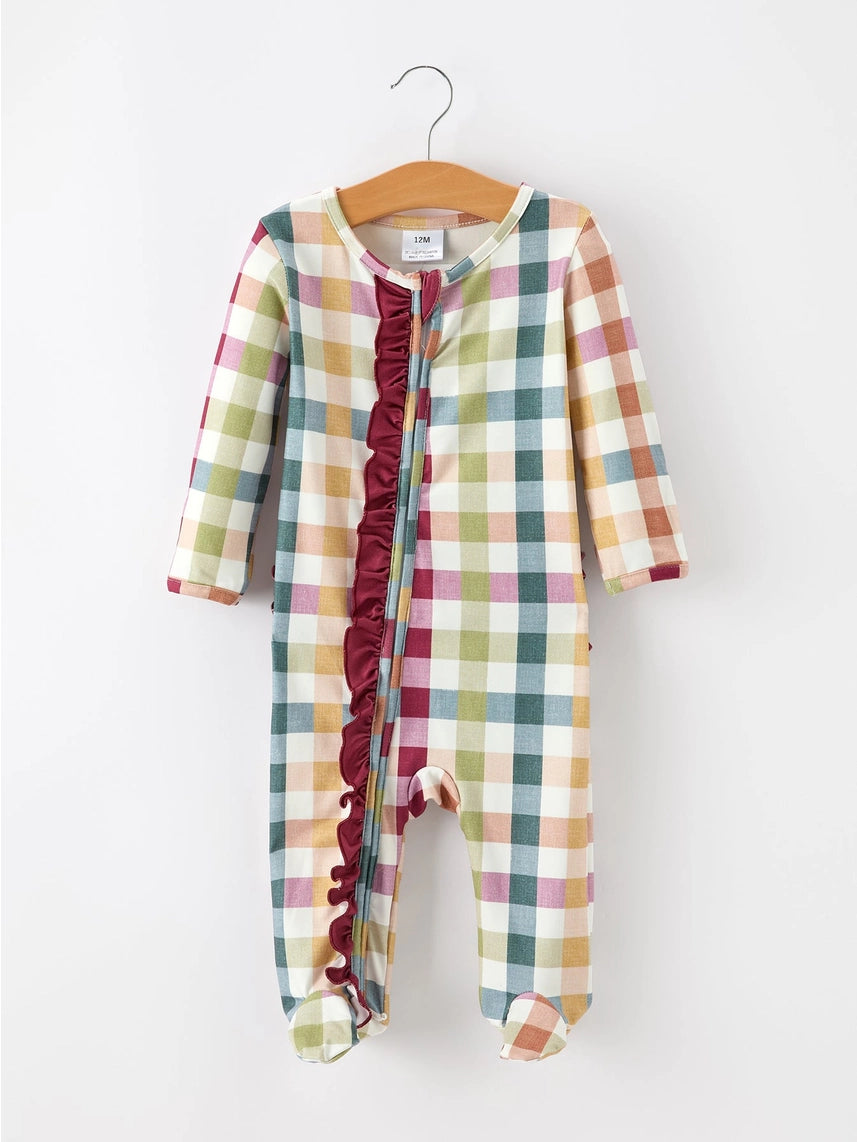 Baby Girl Plaid Ruffle Footie Pajamas Long Sleeve Zipper Romper