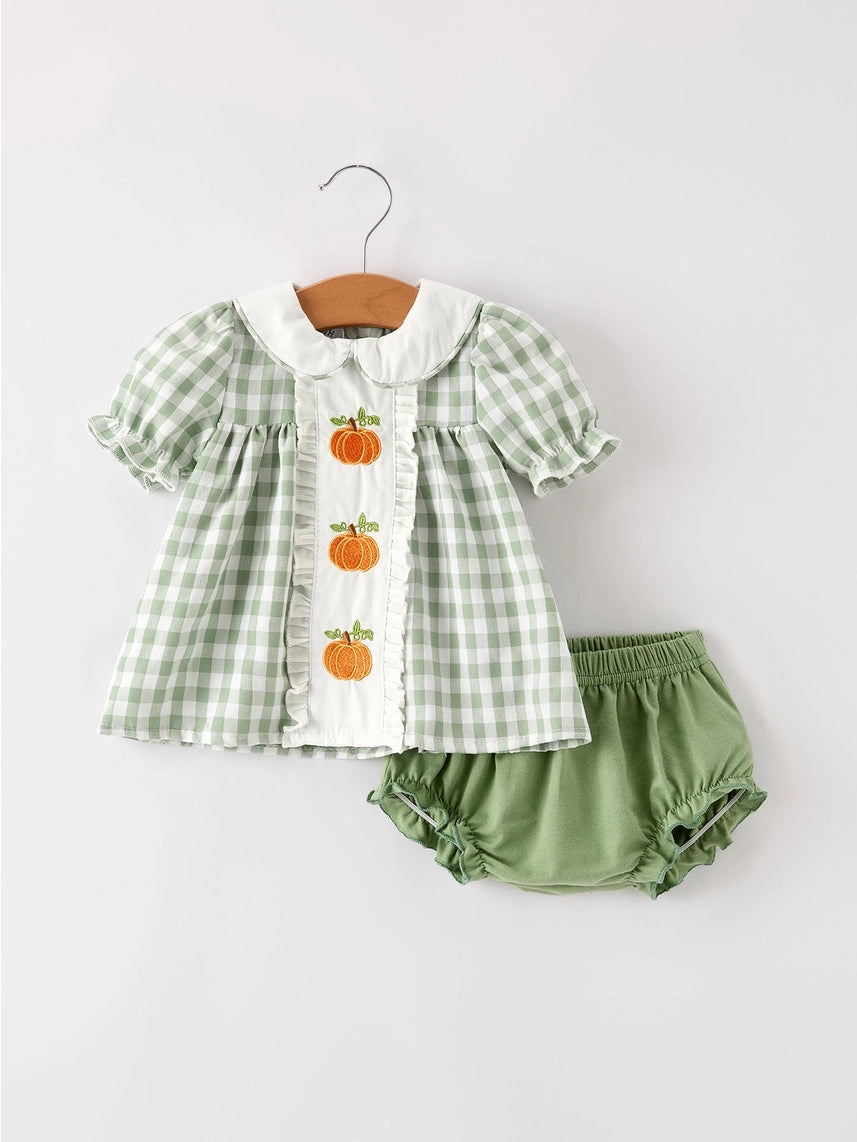 Autumn Pumpkins Applique Plaid Girls Bloomers Romper Set