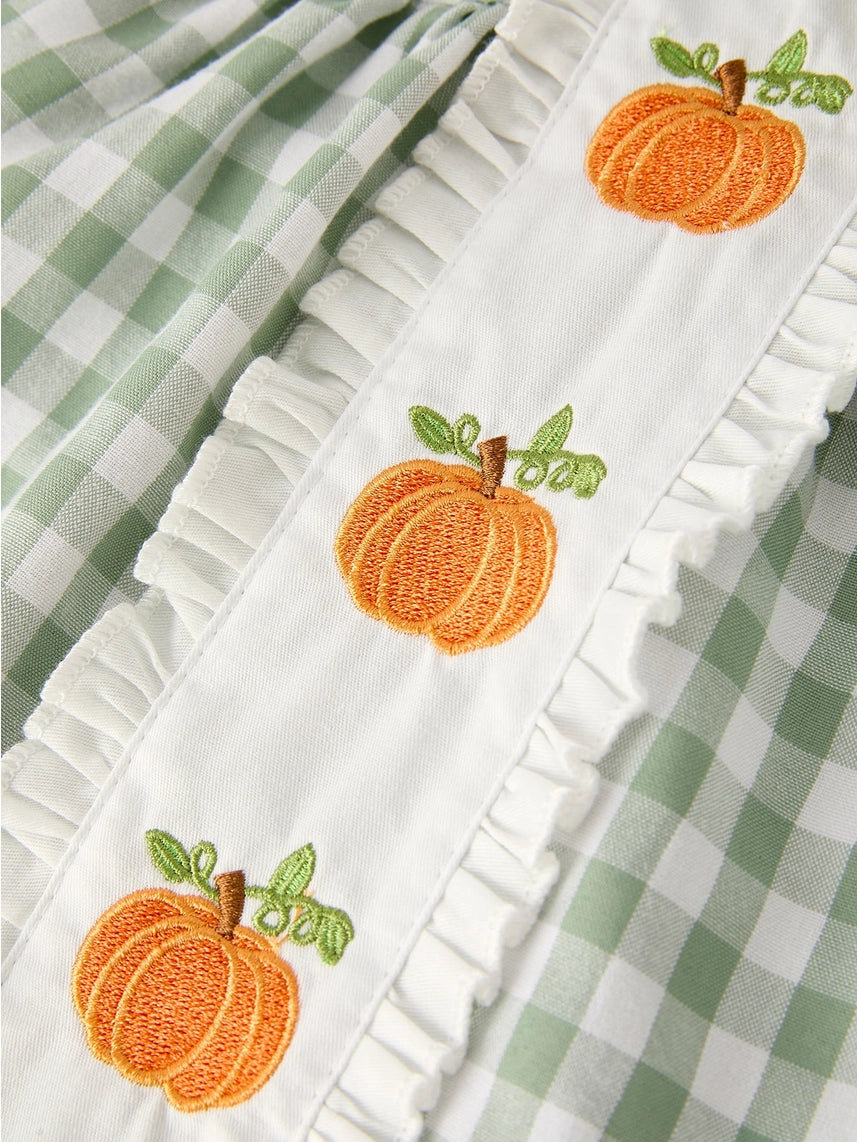 Autumn Pumpkins Applique Plaid Girls Bloomers Romper Set