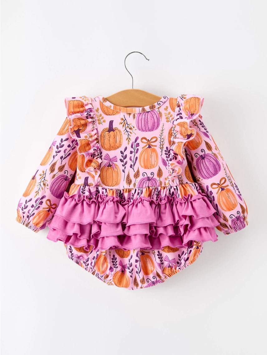 Pretty Pumpkin Girls Romper with Ruffle Bow