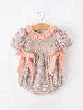 Fall Floral Baby Romper Smocked Ruffle Neck Bow