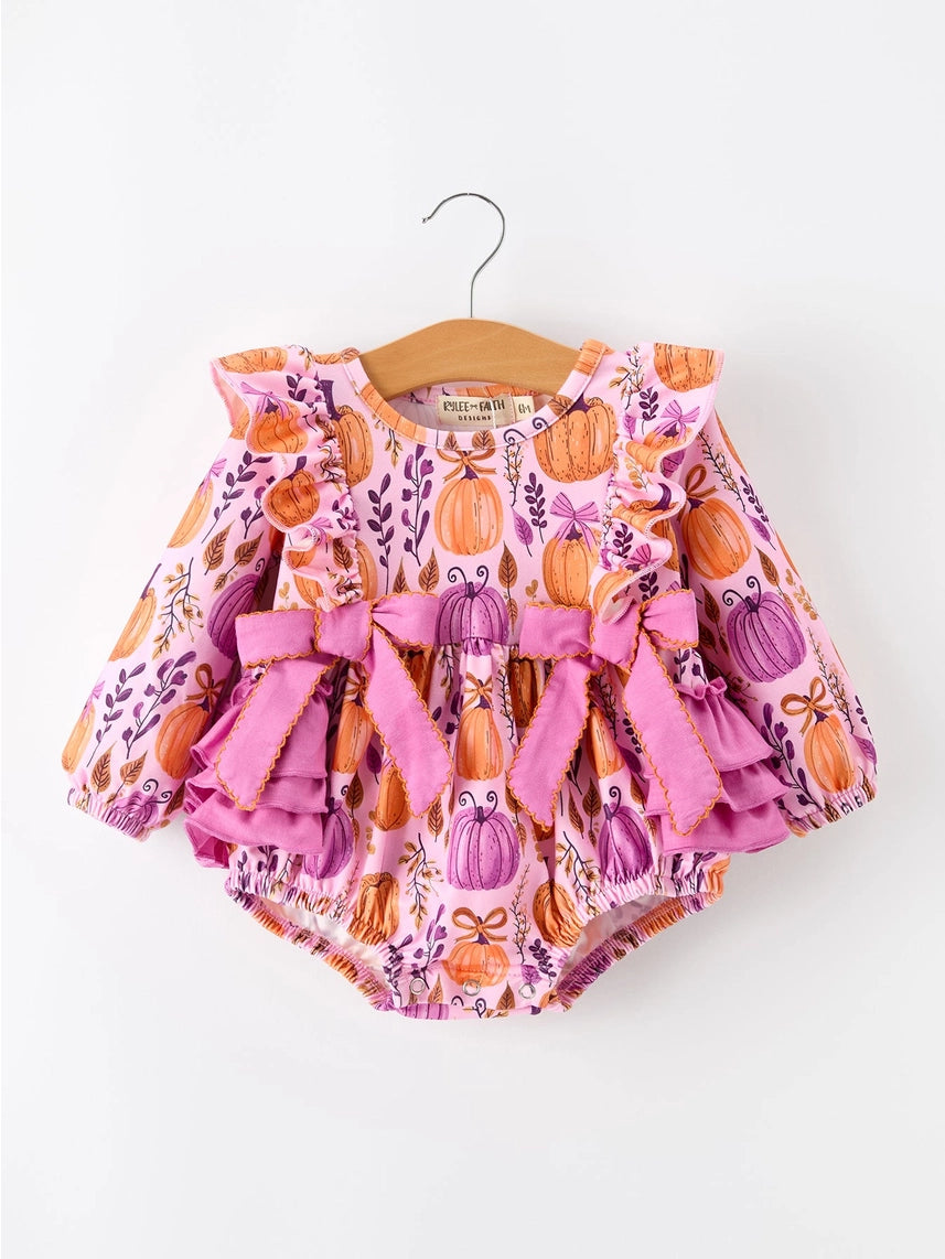 Pretty Pumpkin Girls Romper with Ruffle Bow